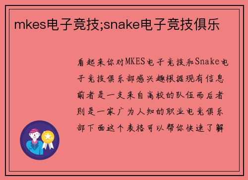 mkes电子竞技;snake电子竞技俱乐